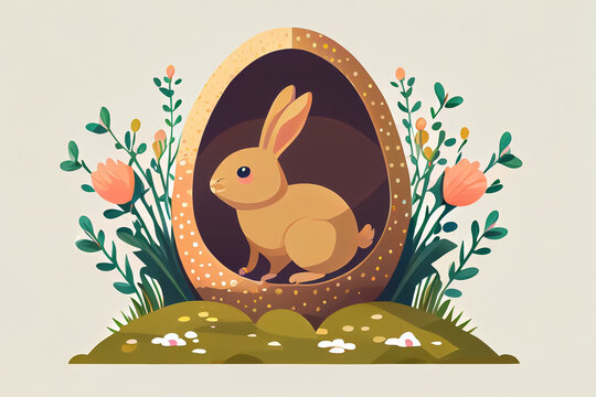cartoon style illustration of cute rabbit and easter egg in soft tone colors . AI