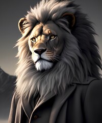 lion - people businessman, cartoon animal in coat. Ai generated image. Anthropomorphic