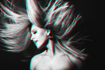 Naklejka premium Fashion concept. Portrait of beautiful woman with flying hair in red and blue color split effect style. Futuristic looking style. Image contains motion blur. Model with happy facial expression