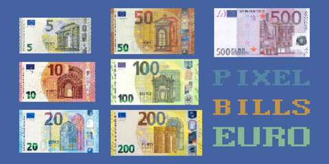 Vector set of pixel European Union banknotes. The denomination of paper money is from 5 to 500 euros. - obrazy, fototapety, plakaty