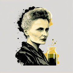 Marie Curie next to test tube
