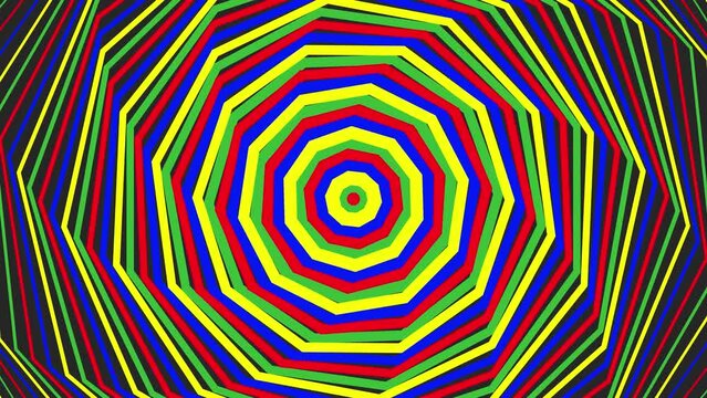 Color spin bold decagon simple flat geometric on dark grey black background loop. Colored spinning decagonal radio waves endless creative animation. 