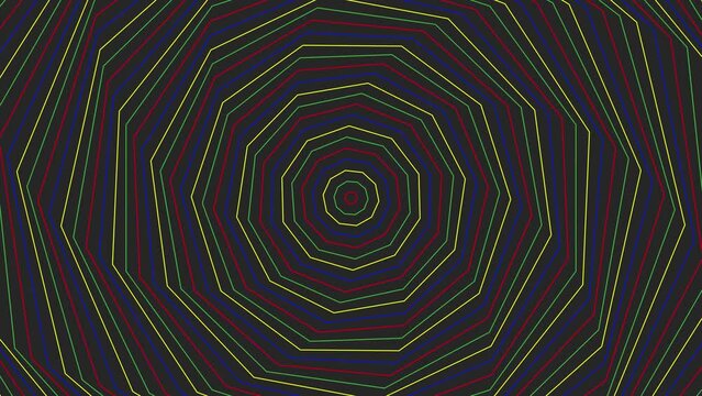 Color spin slim decagon simple flat geometric on dark grey black background loop. Colored spinning decagonal radio waves endless creative animation. 