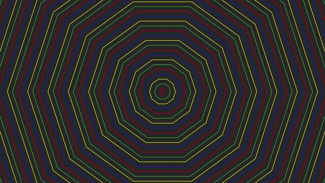 Color slim decagon simple flat geometric on dark grey black background loop. Colored decagonal radio waves endless creative animation. 