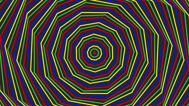 Color spin decagon simple flat geometric on dark grey black background loop. Colored spinning decagonal radio waves endless creative animation. 