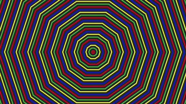 Color decagon simple flat geometric on dark grey black background loop. Colored decagonal radio waves endless creative animation. 