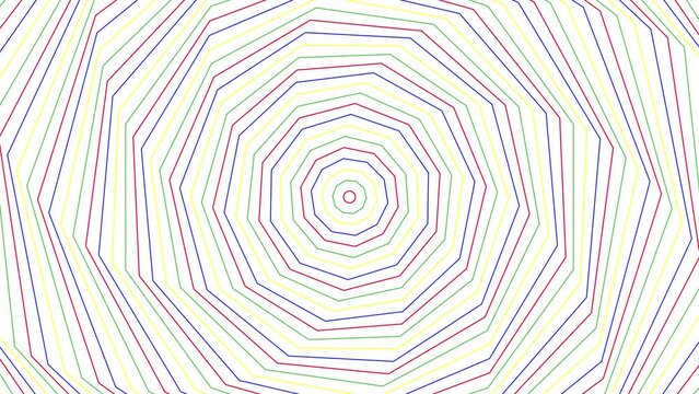 Color spin slim decagon simple flat geometric on white background loop. Colored spinning decagonal radio waves endless creative animation. 