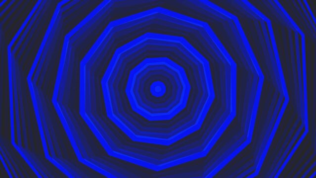Blue bold spin decagon star simple flat geometric on dark grey black background loop. Starry decagonal spinning radio waves endless creative animation. 