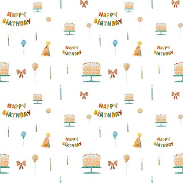 Party hat candle birthday bow pattern watercolor 
