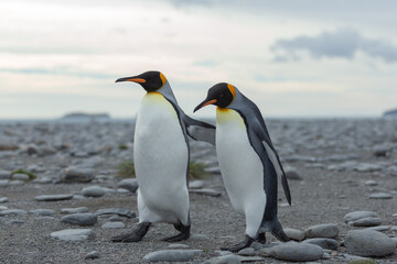 Two King Penguins (Aptenodytes patagonicus) in Antarctica walking along a rocky foreshore.	