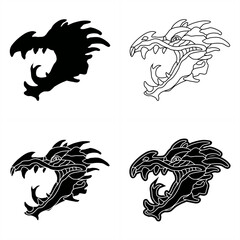 Fototapeta premium set of monochrome illustrations of dragon heads in line art style, stamp and sign