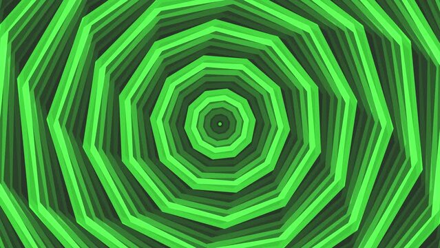 Green bold spin decagon star simple flat geometric on dark grey black background loop. Starry decagonal spinning radio waves endless creative animation. 