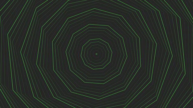 Green slim spin decagon star simple flat geometric on dark grey black background loop. Starry decagonal spinning radio waves endless creative animation. 