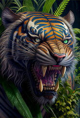 Colourful Tiger head in jungle, artwork, painting