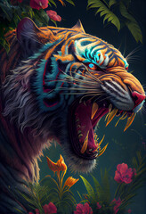 Colourful Tiger head in jungle, artwork, painting