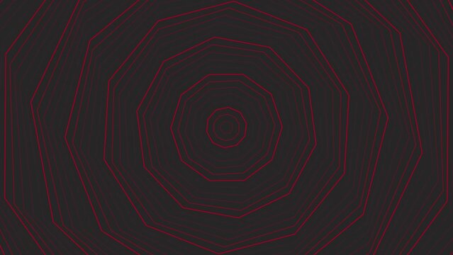 Red slim spin decagon star simple flat geometric on dark grey black background loop. Starry decagonal spinning radio waves endless creative animation. 