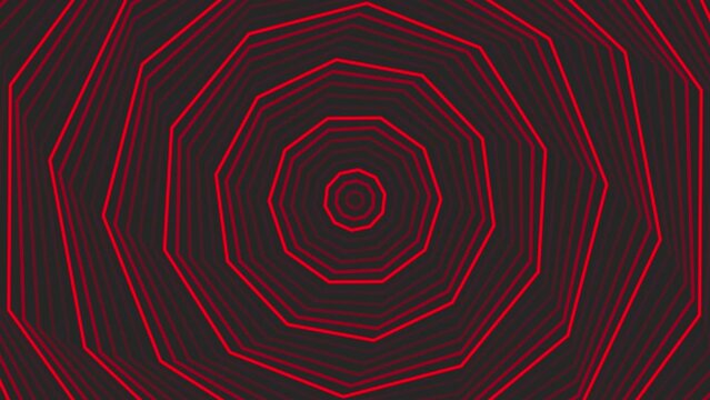 Red spin decagon star simple flat geometric on dark grey black background loop. Starry decagonal spinning radio waves endless creative animation. 