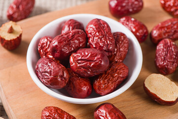 jujube,dried red dates on wooden table. 
