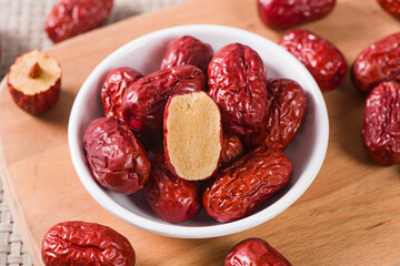 jujube,dried red dates on wooden table. 