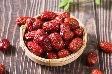 jujube,dried red dates on wooden table. 