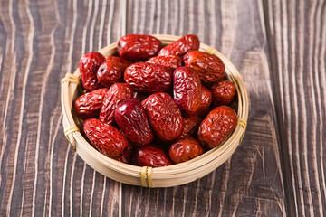 jujube,dried red dates on wooden table. 