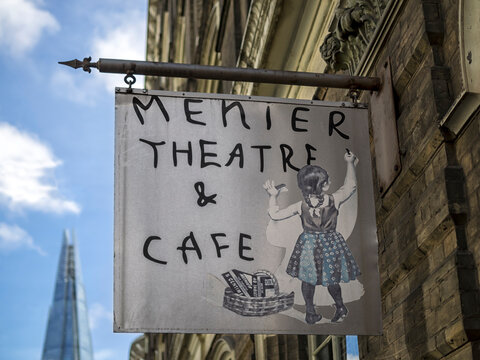 LONDON, UK - FEBRUARY 18, 2018:   Sign for Menier Theatre in Southwark Street