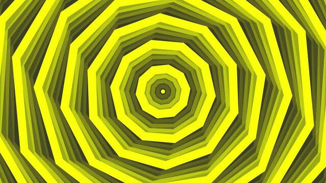 Yellow bold spin decagon star simple flat geometric on dark grey black background loop. Starry decagonal spinning radio waves endless creative animation. 