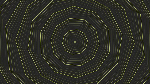 Yellow slim spin decagon star simple flat geometric on dark grey black background loop. Starry decagonal spinning radio waves endless creative animation. 