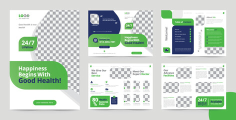 Medical multi page brochure design template for multipurpose use. Flat and minimal design 8 page brochure