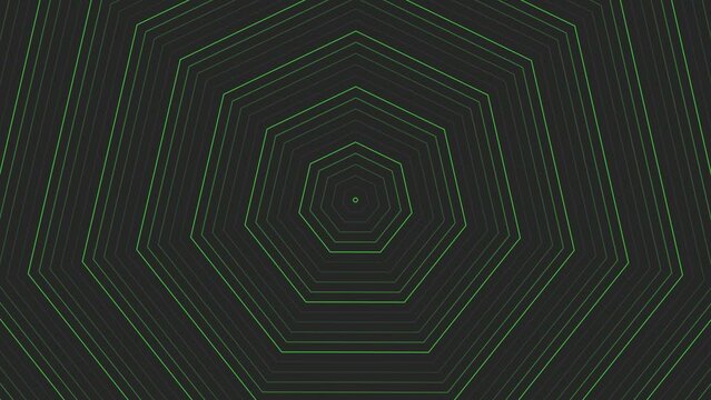 Green slim circles simple flat geometric on dark grey black background loop. Rounds decagonal radio waves endless creative animation. Rings seamless motion graphic backdrop. Sphere radar sonar design.