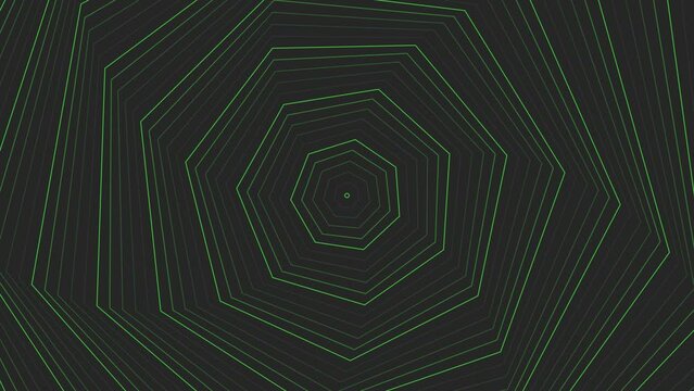 Green bold slim spin decagon star simple flat geometric on dark grey black background loop. Starry decagonal spinning radio waves endless creative animation. 