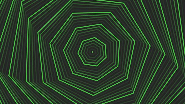 Green spin decagon star simple flat geometric on dark grey black background loop. Starry decagonal radio waves endless creative animation. 