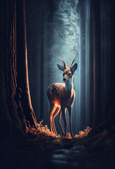 Lonely bambi deer in a dark forest, Generative AI - obrazy, fototapety, plakaty