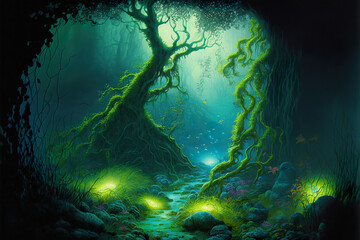 Surreal fantasy forest, fog.
