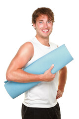 Fitness man holding yoga training mat. Young muscular sporty man isolated cutout PNG on transparent background.