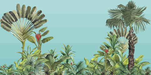fantastic vector of tropical forest with exotic flowers, leaves, and trees