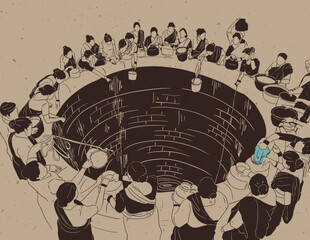 women gather around well to collect water, fighting with water scarcity, women facing water insecurity