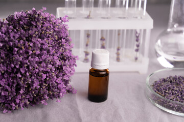 laboratory where cosmetics are created. Lavender extract. Dried flowers. cosmetics for women. Essence or oil for skin health