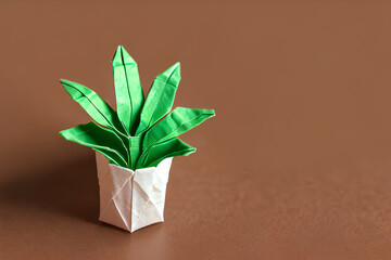 Generative AI. Colorful plant and flower origami paper crafts on brown background. copy space background for your text or message.