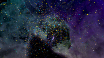 3D rendering of dark cloud and bright particles resembling nebula and star field. An abstract background