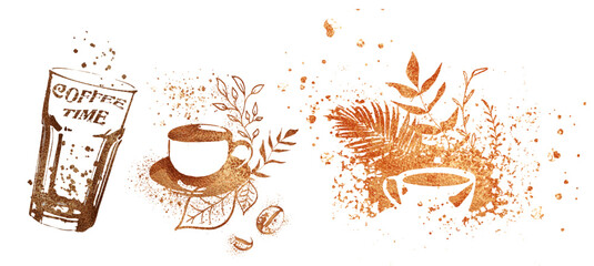 Coffee time for coffee lovers. Coffee with coffee beans, coffee pot, espresso macchiato. Coffee shop.  Isolated on a white background.  Coffee print design with mocha pot and different coffee cups.
