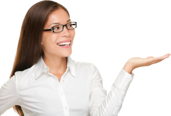 Eyewear woman wearing glasses showing copy space isolated cutout PNG on transparent background. Beautiful smiling happy mixed race Asian Caucasian female model looking away.