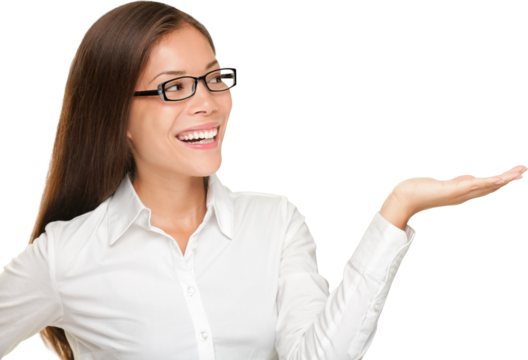 Eyewear woman wearing glasses showing copy space isolated cutout PNG on transparent background. Beautiful smiling happy mixed race Asian Caucasian female model looking away.