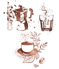 Coffee shop - Coffee time for coffee lovers. Coffee with coffee beans, coffee pot, espresso macchiato.  Isolated on a white background.  Coffee print design with mocha pot and different coffee cups.
