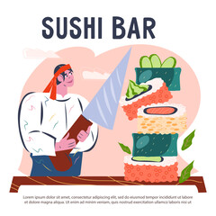 Banner or poster template with Japanese sushi maker cooking, flat vector illustration.