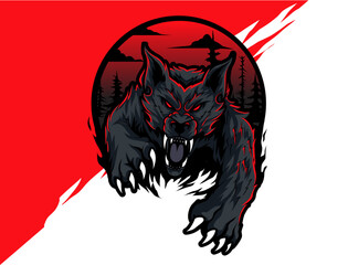 Fototapeta premium Vector illustration of WOLF with Horror background, Horror look WOLF on Horror background. For mascot logo design in modern illustration. Separate layer and editable. Print on t-shirt (COLOR VERSION)