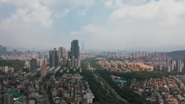 [korea drone footage] Seoul city landscape, Yangjae, Forest, City Forest