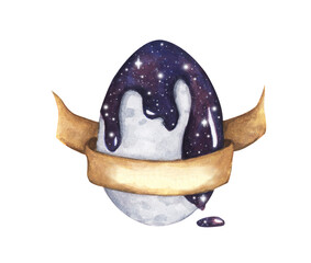 Cosmic coloring of Easter eggs. night sky and dripping down. Easter egg and Ribbon. Color paint flowing on egg. Concept Easter painted eggs. Watercolor illustration.