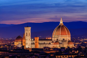Fototapeta na wymiar Sunset view of the Duomo cathedral and Bell Tower of Giotto in Florence, Italy