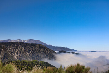 Fototapeta na wymiar Beautiful view of the San Bernardino Mountains peaking above the clouds from the Rim of the World HWY (HWY 18) area early in the morning. Southern California, USA.